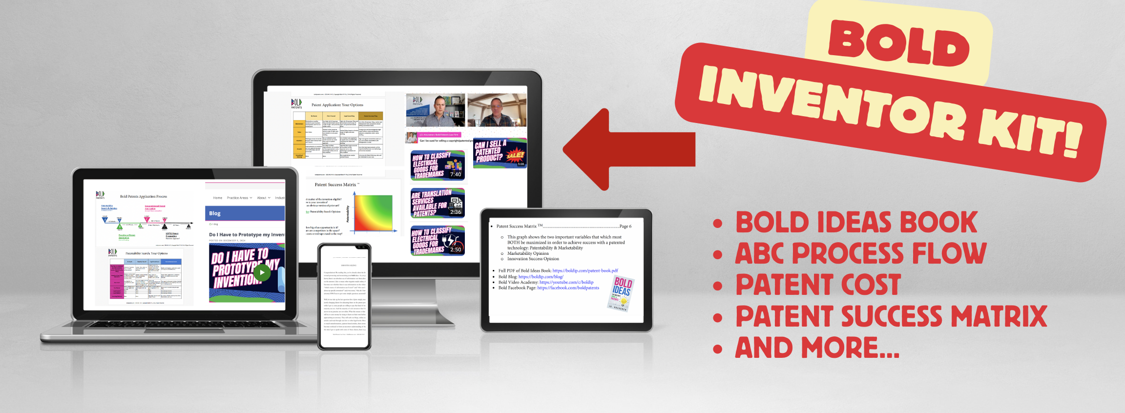 This is an image showing various platforms and devices that the inventor kit may be accessed on such as laptop, mobile phone, or tablet. There is a listing of what information is available in the kit including: bold ideas book, process flowchart, patent success matrix and more.